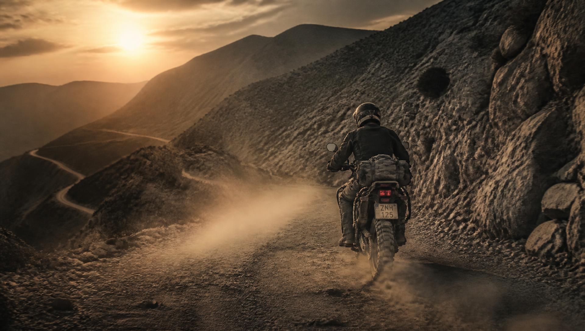 Αναβάτης adventure σε σκονισμένο ορεινό χωματόδρομο στο σούρουπο